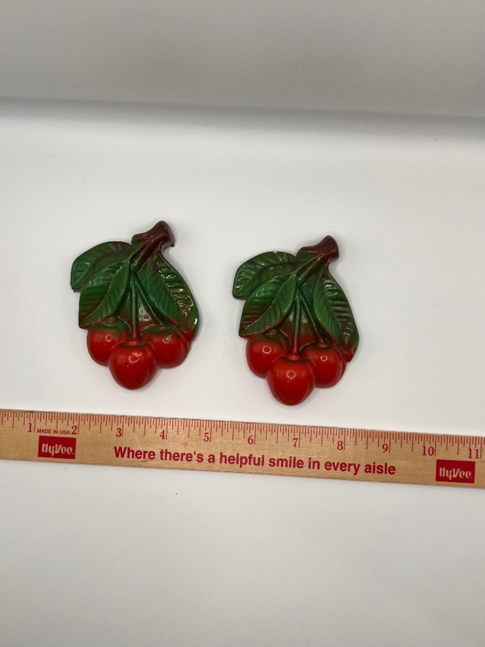 VTG Chalkware Red Cherries Wall Plague. Set of 2. Hand Painted. Plaster